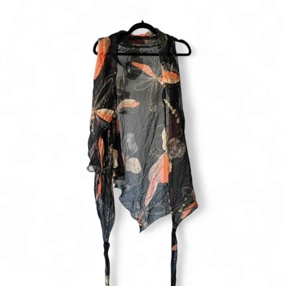 Calvin Tran Sheer Silk Floral Lagenlook Convertible Wrap Vest Duster OS